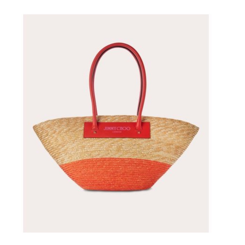 Jimmy Choo Peach and Tan Straw Tote